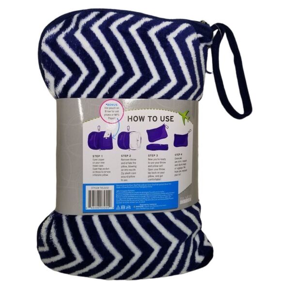 SILVER One Travel Blanket And Pillow Set Navy Blue White Chevron Pattern NWT - Picture 2 of 4